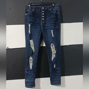 Women Ripped Destroyed Buttons Denim Blue Stretch Jeans